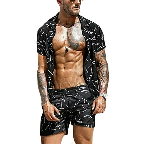 Mens Casual Plam Tree Print Button Down Shirt and Shorts 2 Piece Set Outfits 